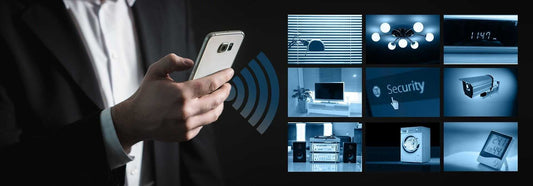 Person holding smartphone with wireless signal icon beside home security camera and smart home device screens representing wired vs. wireless security systems comparison