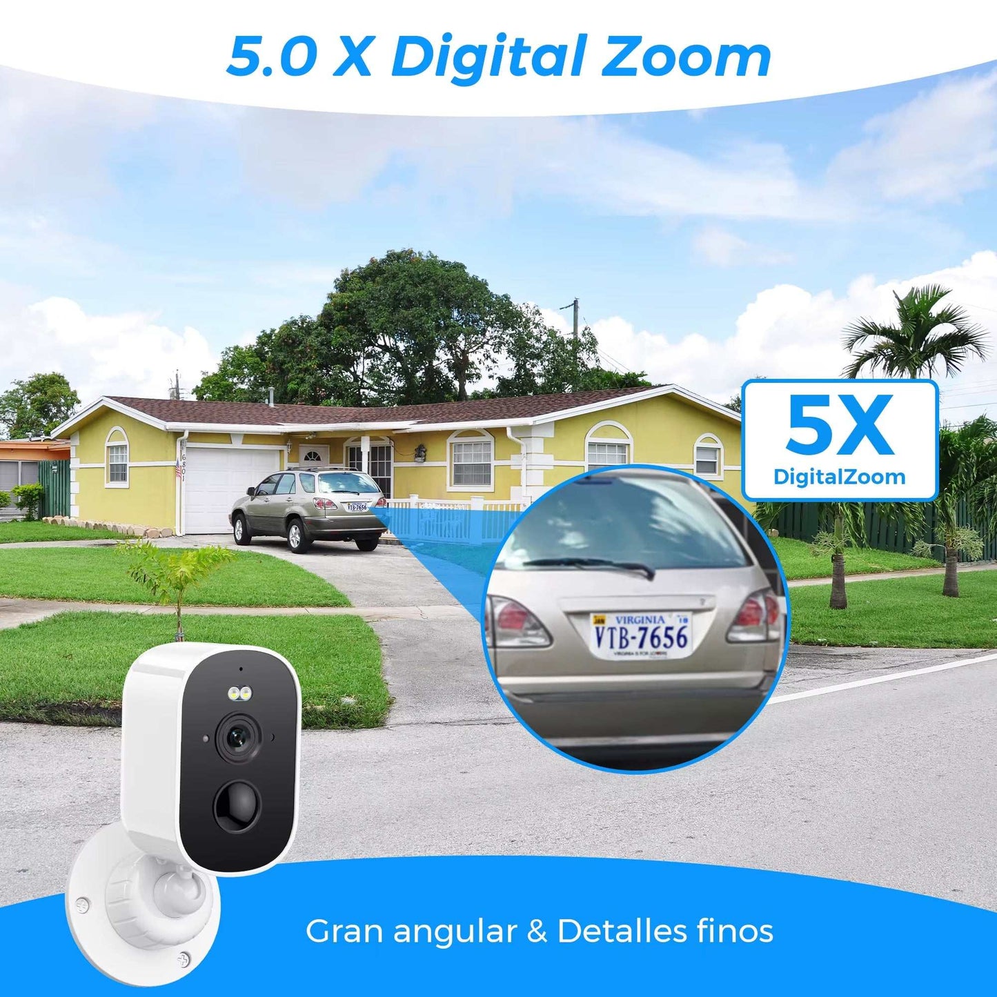 1080P WiFi Solar Camera showing 5X digital zoom feature