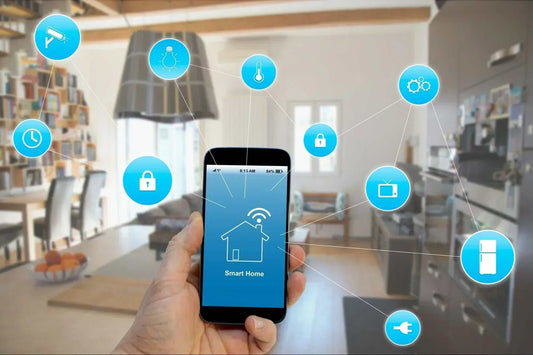 Hand holding smartphone displaying smart home app with icons representing smart security cameras, locks, lighting, and other connected devices in modern living room.