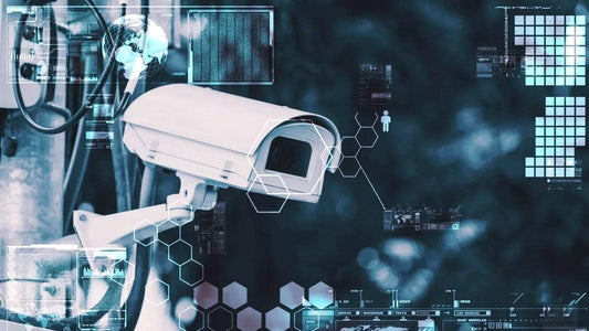 AI-powered security camera with futuristic data overlays highlighting advanced monitoring and threat detection capabilities.