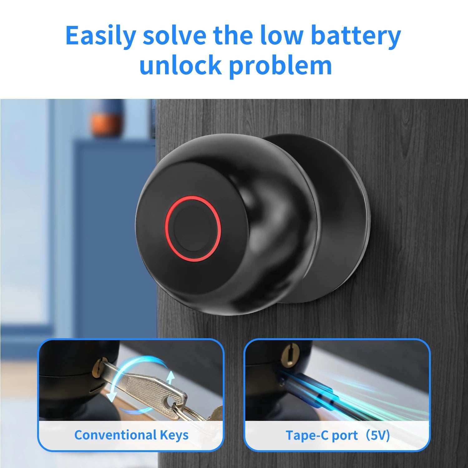 Smart Fingerprint Door Lock with Type-C emergency power