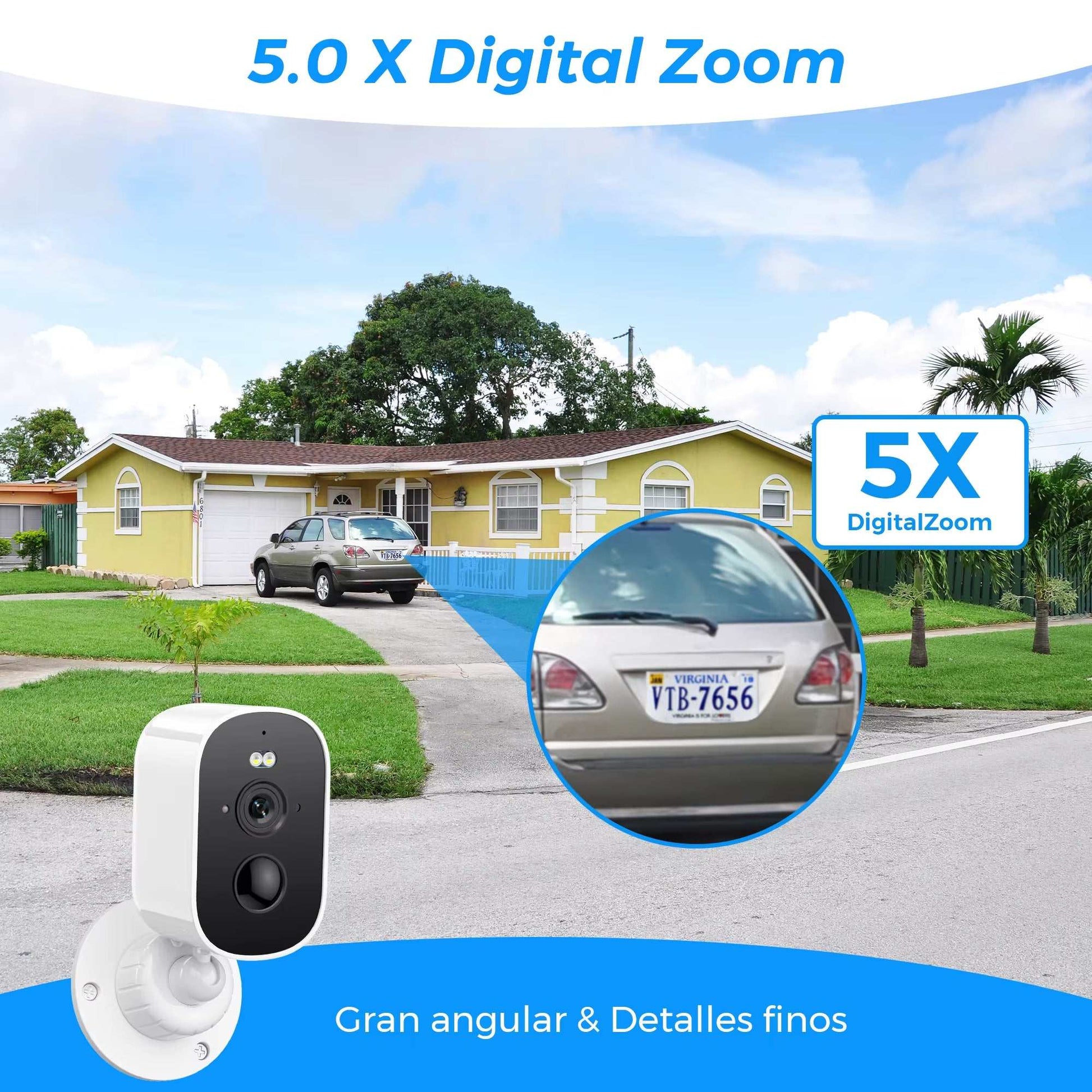 1080P WiFi Solar Camera showing 5X digital zoom feature